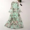 Casual Dresses Green Floral Printed Chiffon Long For Women Elegant O-Neck Flare Sleeve Pleated Maxi Dress 2023 Autumn Outfits