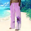 Calças masculinas de linho grandes e altas de algodão com cordão de praia cintura elástica penas de ioga estampadas calças retas