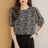 Blusas femininas 2023 verão blusa feminina preta estampa floral manga curta chiffon camisas elegante moda casual top