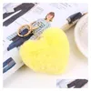 Keychains Lanyards Pom Keychain Pompom Key Chain Heart Ball Fluffy Faux Rabbit päls Keyring Ring Women Bag Charms Fashion Accessories Dh8nk