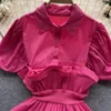 Kvinnors blusar blus för kvinnor Turned Collar Ruffles Solid Summer Ladies Tops Puff Sleeve French Chic Chic High midje korsett Toppveck