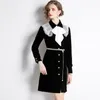 Casual Dresses Runway Design Vintage Black Velvet Dress Autumn Women Långärmad broderi LAPEL BOAD BELED BELT Party Retro