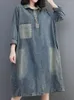 Robes décontractées femmes robe droite 2023 automne littéraire rétro manches longues Denim col rabattu taille ample genou longueur chemise