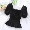 Kvinnors blusar kvinnor fyrkantiga krage mode koreanska eleganta solid blusa retro ruffles stretchy klassiska sommarkontor damer avslappnade toppar