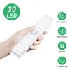 Luzes noturnas LED Closet Light 30 Sensor de movimento recarregável Interior sob o armário Iluminação sem fio Stick em qualquer lugar