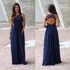 2023 Imperium Country Navy Blue Lace Top Bruidsmeisjes Jurken Met sieraad Ruglooze Chiffon Illusion Floor Length Lange junior Huwelijksgast