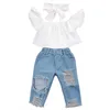 Одежда накладывает нас Stock Fashion Toddler Girls Kids Year Years Одежда, поставляя плечо, джинсовые джинсы наряды Set R230805