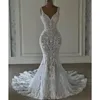 Modern 2024 Mermaid Beach Wedding Dresses V-neck Lace Applique Chapel Train Open Back Trumpet Bridal Gown vestidos novia baratos