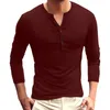 Camisetas masculinas de manga comprida com botão de cor sólida e decote em V