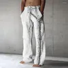 Calças masculinas de linho grandes e altas de algodão com cordão de praia cintura elástica penas de ioga estampadas calças retas
