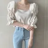 Kvinnors blusar 2023 Summer Women Style Topps Chic Slim Thin Show ClaVicle Design Squeezed Square Neck Puff Sleeve Chiffon Shirts