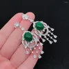 Dangle Earrings Vintage Luxury Green White Jade Emerald Gemstones Diamonds Tassel Drop For Women Gold Silver Color Jewelry Bijoux