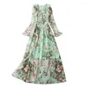 Casual Dresses Green Floral Printed Chiffon Long For Women Elegant O-Neck Flare Sleeve Pleated Maxi Dress 2023 Autumn Outfits