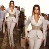 Elegant Ivory Jumpsuits Evening Dresses V Neck Long Sleeves Beads Formal Party Prom Pants Jumpsuit for special occasion