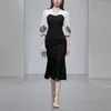 Robes décontractées broderie noir et blanc robe trapèze printemps été 2023 femmes Style coréen élégant col en v à manches longues OL