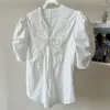 Women's Blouses EOS2023 Women White Lace Embroidery Ruched Puff-sleeve Up Casual Summer Shirt Niche Design Top Blouse Brand