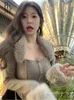 Women's Sweaters 2023 Autumn Winter Long Sleeve Faux Fur Collar Sexy Pullover Korean Square Solid Elegant Warm Blouse Fashion Y2k Top 230804
