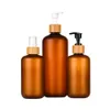 120 ml 250 ml 500 ml Frostad bärnsten Brown Plastic Pet Bottle Bambu Cap Black White Lotion Pump Shampoo Packaging Containers 10st Sto264a