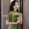 Ethnische Kleidung 2023 Grüne mittlere lange Cheongsam schlanke Vintage-Spitzenhülse Frauen Blumenkleid Mädchen Sommer S bis XXL Kleider im chinesischen Stil
