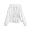 Bluzki damskie okrągły szyję na długi rękawki otwarte oparte opaski opaski szczupłe bawełniane lniane puste koszula luźna prosta biała top