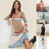 Stripe Color Match Sexy Knitted Hollow Dress Autumn And Winter Beach Casual Long For Women