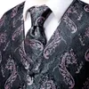 Mäns västar Hi-Tie High Quality Silk Mens Vests Pink Grey Floral Waistcoat Tie Hanky ​​Cufflinks Brooch Set for Men Pass Wedding Office Gift 230804
