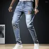 Jeans da uomo 2023 Fashion Mens Autumn Patch Light Blue Trend Pantaloni larghi Elastico Streetwear Boyfriend Biker Uomo Pantaloni in denim dritto