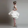 Krikor Jabotian Short Lace Wedding Dresses 2023 Bateau Cap Sleeves Backless Knee Length A line Organza Beach Bridal Bowns