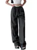 Dames Y2k Cargo-broek met elastische taille, losse joggingbroek in effen kleur, workout met zakken, streetwear