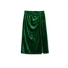 Skirts Golden Velvet Skirt For Women's Autumn Dress High Waist Split A-line Buttock Green Middle One-step Korean Style