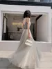 Ethnic Clothing 2023 Women Grey Spaghetti Straps V-neck Prom Dresses Elegant Backless Long A Line Tulle Evening Gowns