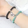 Strand Trendy 2pcs Heart Shape Magnet Natural 6mm Malachite Black Lava Stone Bead Bangles For Couples Valentine's Gift