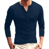 Camisetas masculinas de manga comprida com botão de cor sólida e decote em V