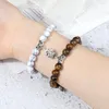 Strand Flower Shape Magnet Bracelet 8mm Natural Stone Beads Distance Elastic Rope 2pcs/Set Lovers Jewelry Gift For Women Men