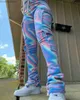 Женские брюки Capris Pants с двойным плюшевым галстуком красителем для печати бегун с высокой талией с высокой талией.