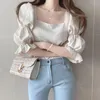 Kvinnors blusar 2023 Summer Women Style Topps Chic Slim Thin Show ClaVicle Design Squeezed Square Neck Puff Sleeve Chiffon Shirts