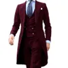 2022 Long Coat Designs Bourgogne Män passar Gent Mens Tuxedo Prom Blazer Custom 3 Pieces Jacket Vest Pants296m