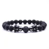 Strand 2023 Trendy Pedra Lava Pave CZ Preto Dupla Coroa e Pulseira Bola para Homens ou Mulheres Jóias Pulseira