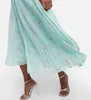 Городские сексуальные платья 2023 Весенние и летние женщины -пастырский стиль цветочный плиссированный длинно зеленый шифоновый печатный платье 230804