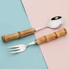 Dinnerware Sets Silver Stainless Steel Wood Bamboo Root Handle Cutlery Serving Spoon Salad Fork Tea Tableware Kitchenware