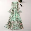 Casual Dresses Green Floral Printed Chiffon Long For Women Elegant O-Neck Flare Sleeve Pleated Maxi Dress 2023 Autumn Outfits