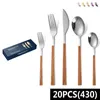 Dinnerware Sets 20PCS Japanese And Korean Style Wood Grain Square Handle Tableware Set Gold Silver Knife Dessert Fork Spoon Cutlery