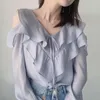 Dames Blouses Blauw Kant Chiffon Overhemd Lente Zomer Mode Blouse 2023 Koreaanse Stijl Elegante V-hals Lange mouw Informeel Effen Kleur