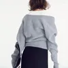 Kvinnors stickor EOS Recto Drop Shoulder Cardigan Gray Sweater Spring 2023 Asymmetric Wrap Design Wool V-Neck stickad