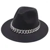 Berets Frauen Fedora Hüte mit Strass Kette Breite Krempe Männer Filzhut Jazz Trilby Metall Casual Outdoor Kleid