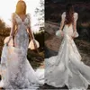 Fairy Flare Illusion Long Sleeves Mermaid Wedding Dresses Sexy V Neck Floral Lace Bohemian Rustic Country Bridal Gowns Open Back