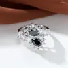 Wedding Rings Double Water Drop Black Stone Stagger For Women Silver Color White Zircon Bands Vintage Cocktail Ring Jewelry Gift