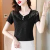 Koszulki damskie T-shirty w szyku V-Neck Black Silk Short Sleeve 2023 Spring/Summer Fashion Splats Dekoracja cekiny Slim Top