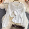 Work Dresses WDMSNA Hollow-out Long Sleeve Knitted Sunscreen Smock Diagonal Shoulder Suspender Vest Three-piece Suit High Waist Pleated