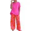 Women's Two Piece Pants T-shirt Set Flower Print Outfit Stylish Two-piece Sets Loose-fit Wide Leg In Soft For Summer